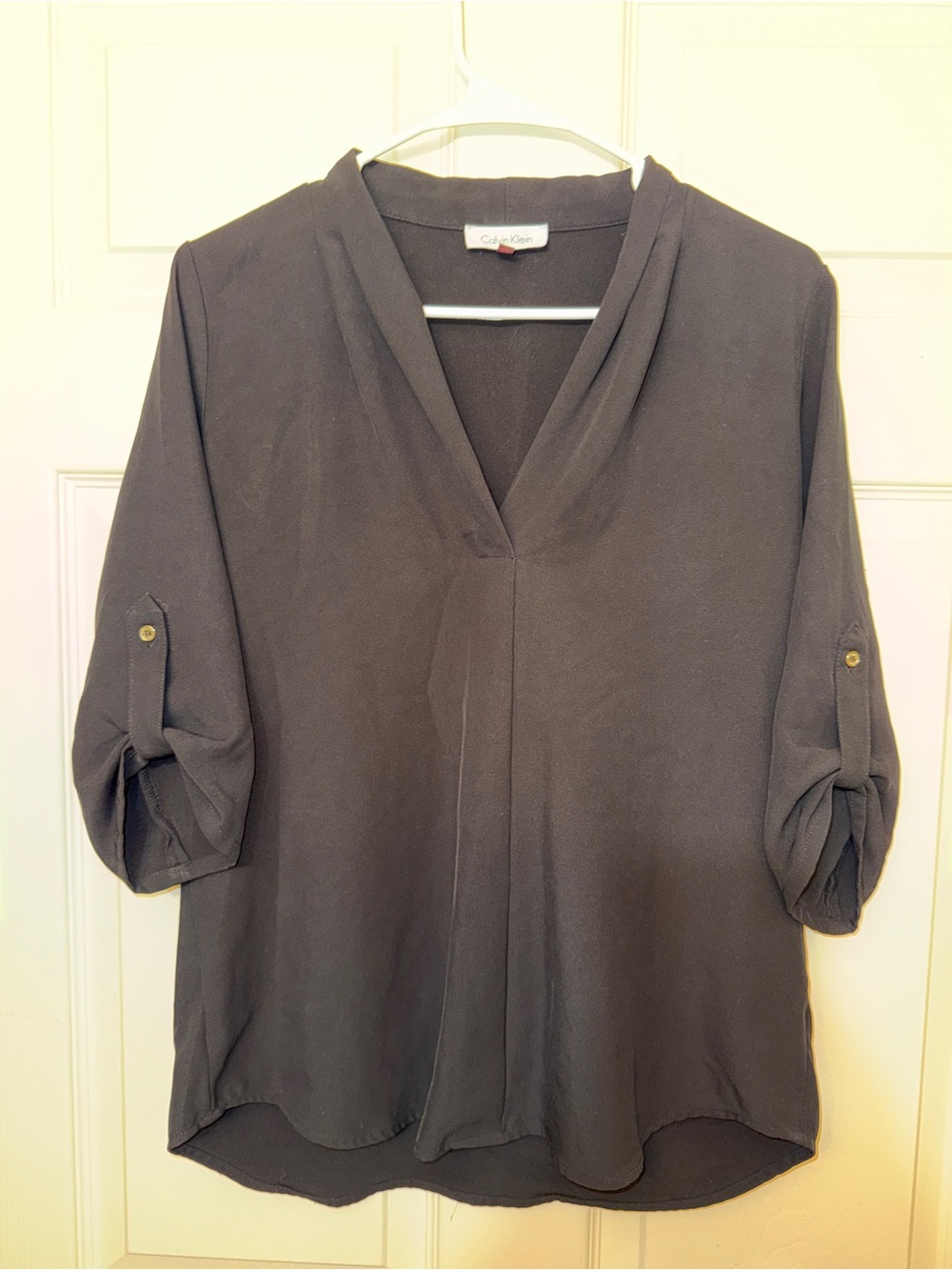 Calvin Klein Charcoal V-Neck Roll-Tab Sleeve Blouse